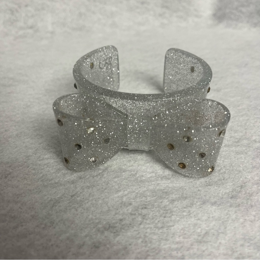 BARBIE Japan Clear Bow Cuff Bracelet Silver Glitter Rhinestones